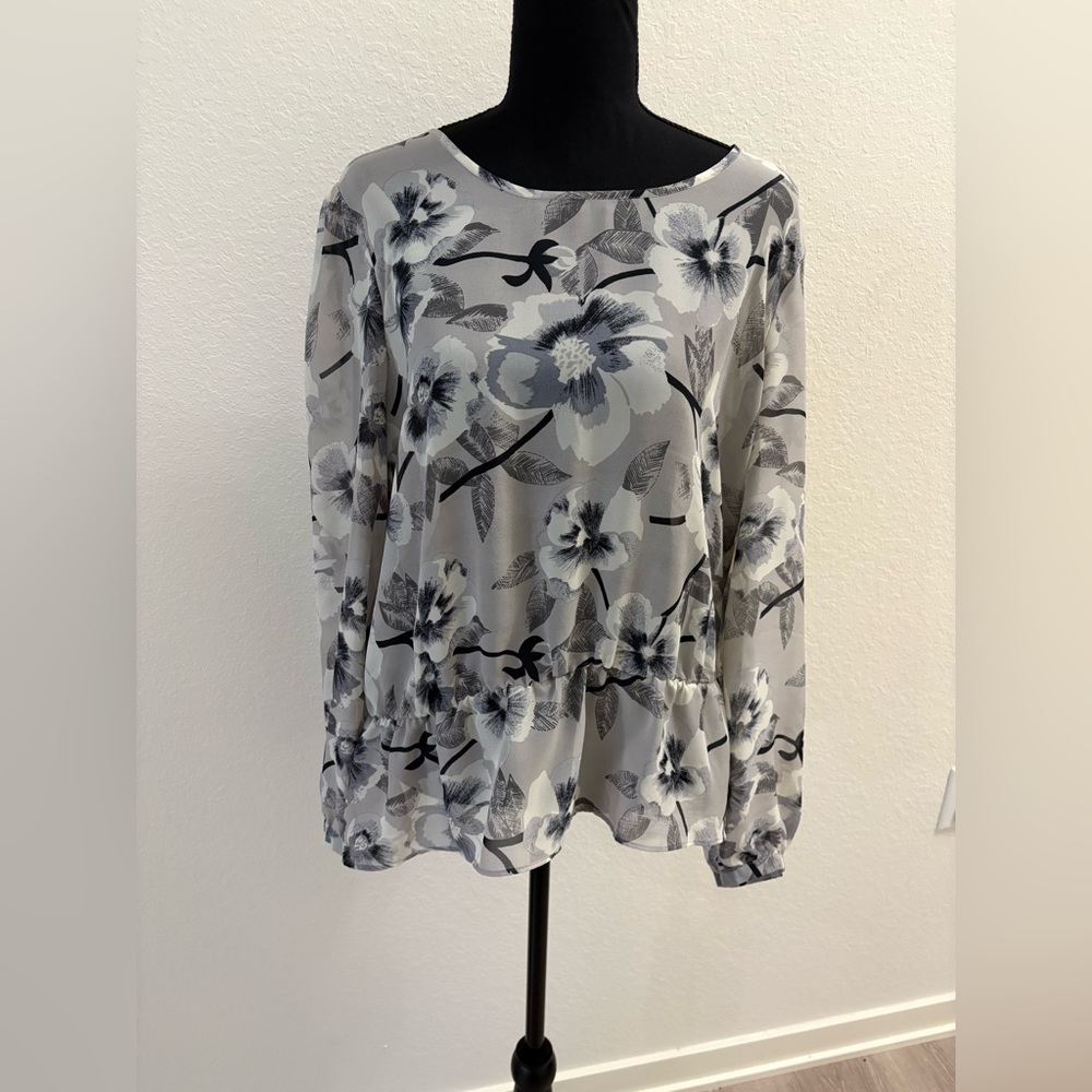 NY Collection Floral Blouse - Black and Gray